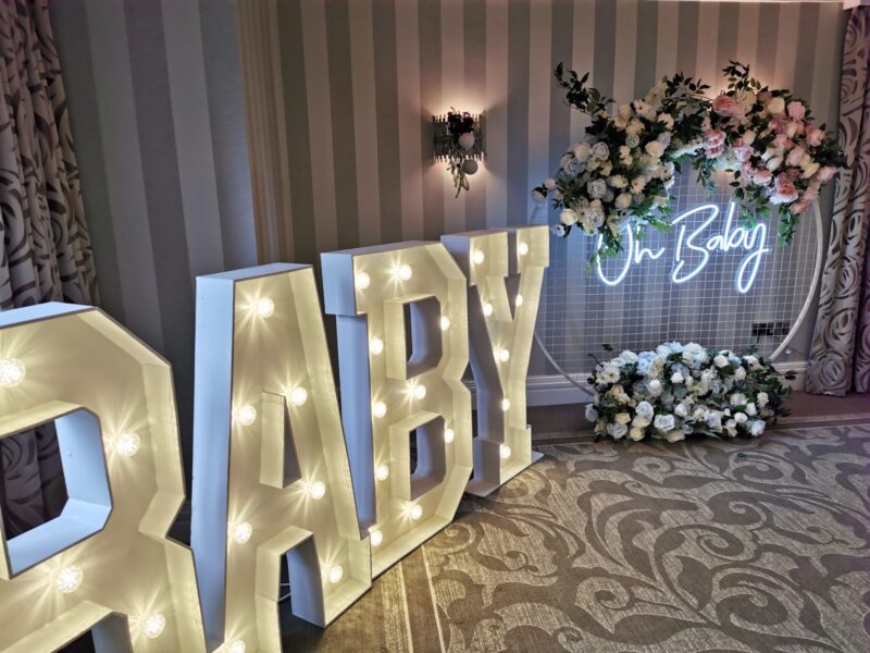Neon Sign Oh baby, with artificial flowers for Baby Shower Christening party Photo Backdrop with giant light up letters BABY