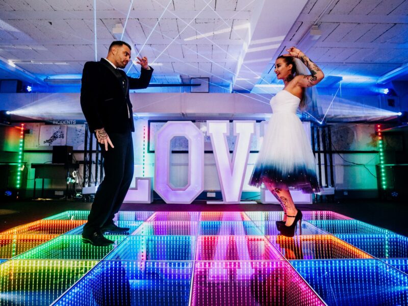 light up love letters and colourful disco dance floor for weddings in chester