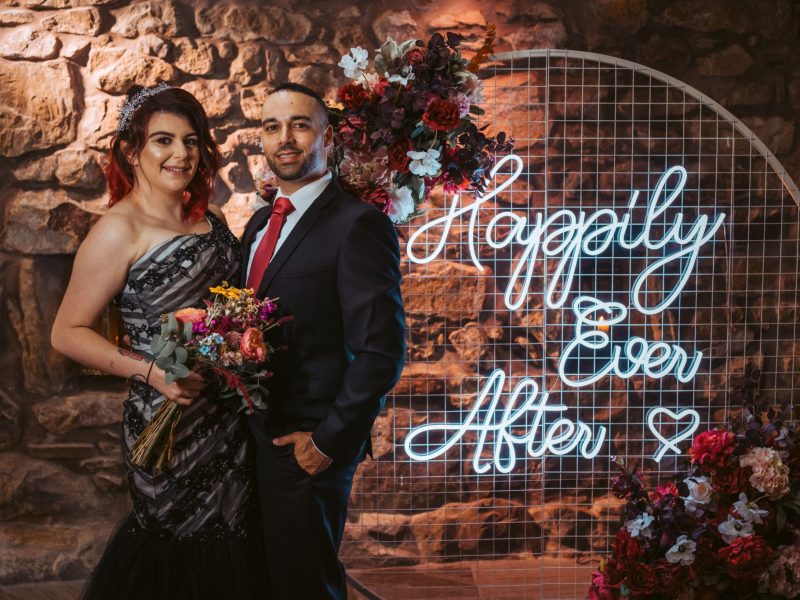 Neon Backdrop sign - Happily ever after - for weddings, events and parties. Glamour events hire based in Chester