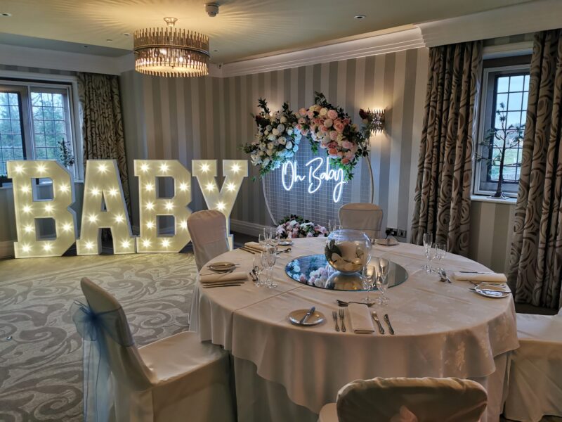 Neon Backdrop sign - oh baby - and giant light up letters for Christening. Glamour events hire based in Chester